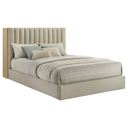 Arielle Queen Upholstered Bookcase Bed Light Tan and Light Oak