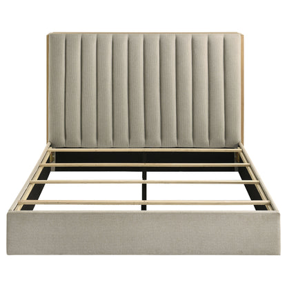 Arielle Queen Upholstered Bookcase Bed Light Tan and Light Oak
