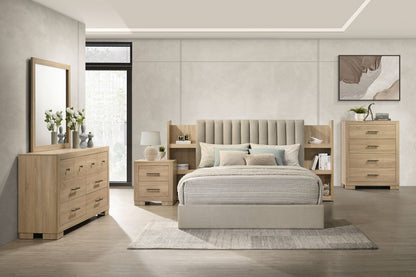 Arielle Queen Upholstered Bookcase Bed Light Tan and Light Oak