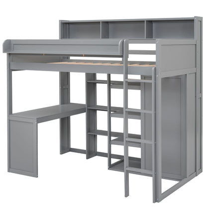 Gray Wood Twin Size Loft Bed with Built-in Desk, Storage Shelves, and Wardrobe - Solid Wood + MDF